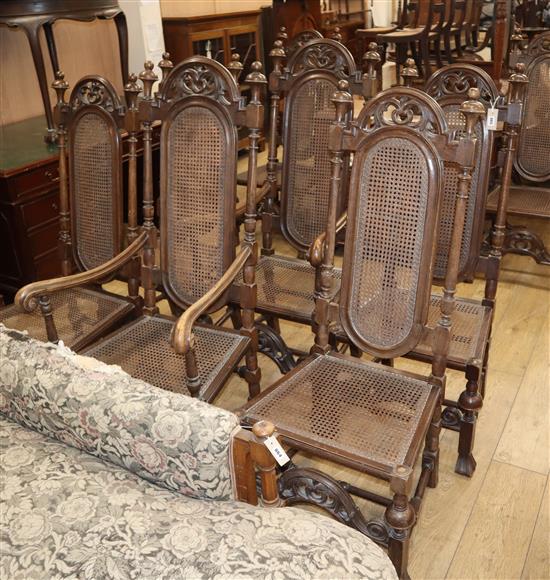 A set of eight William and Mary style oak, beech and canework high back dining chairs, two with arms